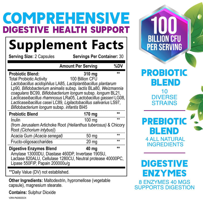 Probiotics 100 Billion CFU Per Serving - 10 Premium Strains + Prebiotics - Best Probiotic Supplement for Women & Men - Supports Immune, Digestive Health, Occasional Constipation & Gas - 60 Capsules 60 Count (Pack of 1)