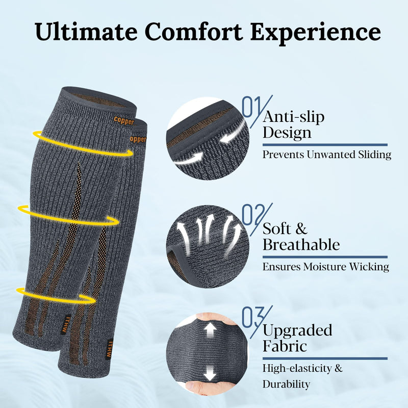 Copper Calf Compression Sleeve for Men & Women, Leg Compression Sleeve for Shin Splint Relief, Varicose Veins, Calf Tear Large Gray - BeesActive Australia