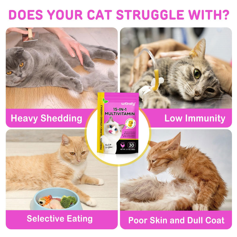 Cat Vitamins with Taurine, 15-in-1 Multivitamin Chews with Omega-3s & Prebiotics, Taurine for Immune, Heart & Joint Health, Supports Skin, Coat & Digestion, Cat Grass Treats for Cats & Kittens