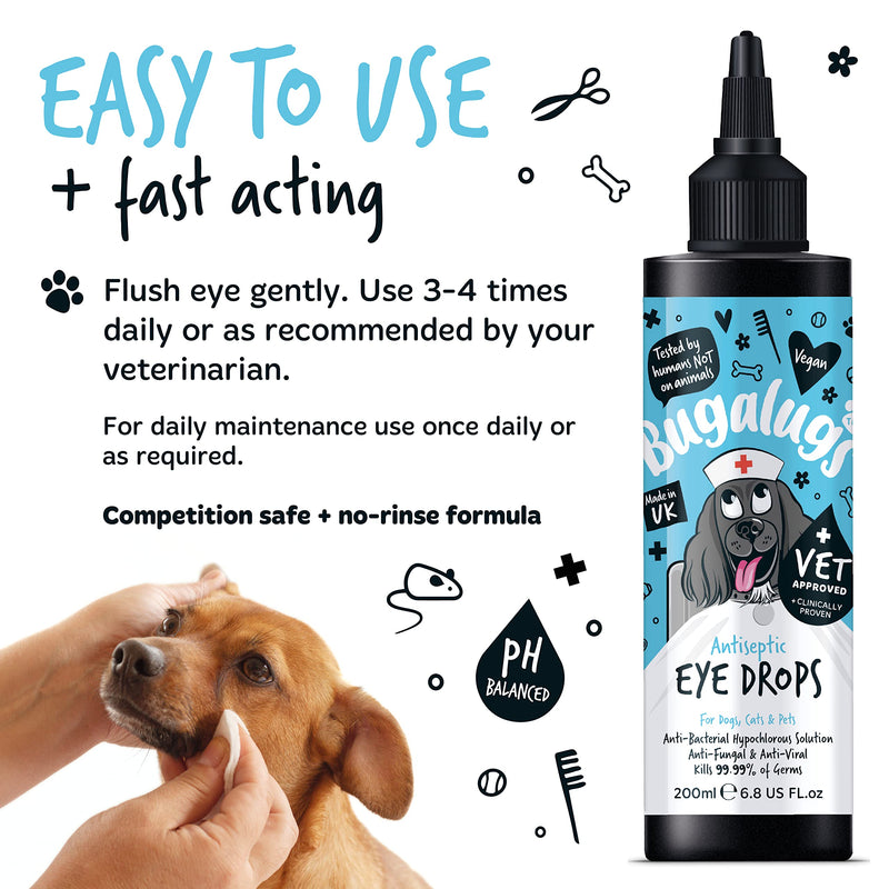 BUGALUGS Dog Eye Drops 200ml, Antiseptic eye drops for dogs, puppy, cats & animals. Antibacterial for dry, itchy, irritated, gunky & tear stain eyes. Eye Wash Cleaner Cat 200ml