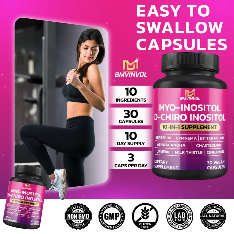 BMVINVOL Inositol Supplement - Myo-Inositol and D-Chiro Inositol Ideal 40:1 Ratio - Plus Berberine, Cinnamon, Ashwagandha + 5 More - 30 Capsules