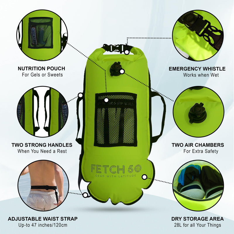 Swim Buoy Dry Bag | Double Chamber Dry Bag with Handles, Nutrition Pouch and Whistle | Flourcesent Yellow Swimming Tow Float - BeesActive Australia