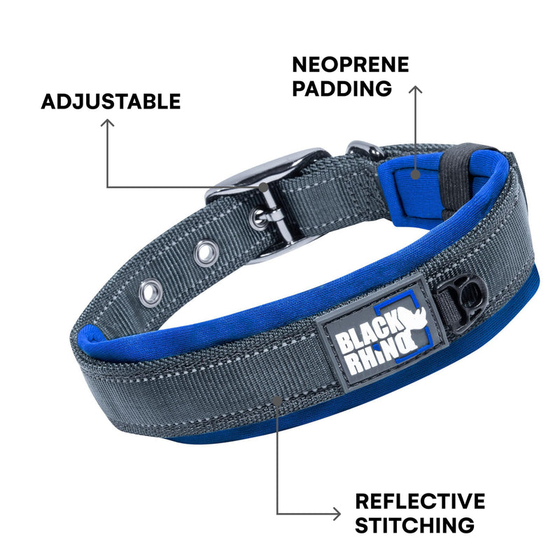 Black Rhino Reflective Dog Collar - Heavy Duty Adjustable Comfort Collar with Ultra Soft Neoprene Padding for All Breeds - Weatherproof, Lightweight Dog Collars for Large Dogs (Large, Blue/Grey) - BeesActive Australia