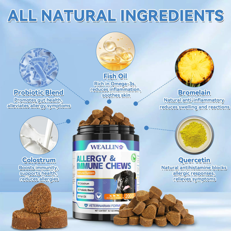 Dog Allergy Relief Chews 200 PCS, Dog Allergy Chews Anti-Itch for Dogs - Omega 3 Fish Oil -Dog Itching Skin Relief, Immune & Skin & Coat Support, Hot Spots, Paw Licking and Allergies - PawsPlanet Australia