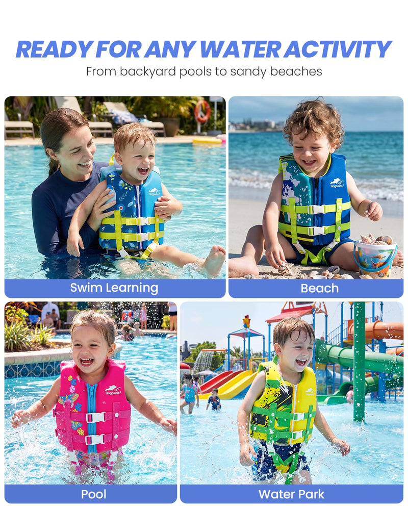 Gogokids Toddler Swim Vest, Premium Swim Vest for Kid Swimming Jacket for 30-40-50-60-70-80 Lbs Girls and Boys, Toddler Floaties Swimming Aid with Dual Safety Strap for 2-9 Years in Pool/Puddle/Beach A-Blue L(6-9yrs/66-77lbs)