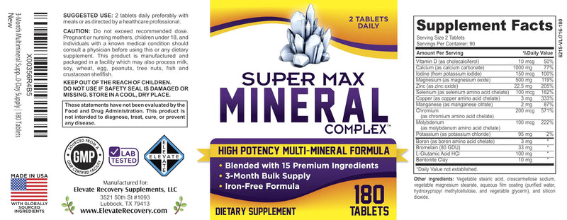 3-Month Multimineral Supplement Support Iron-Free Formula | Daily Multiminerals | Multi-Mineral Supplements | Minerals Complex | 90-Day Bulk Supply | 180 Tablets Unflavored 180 Count (Pack of 1)