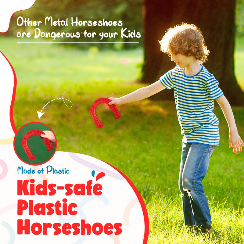Lawn Horseshoes Game - Kids and Family Outdoor Backyard Horse Shoes Set Kit - STURDY Steel Spikes & Lightweight KID-SAFE Rubber Shoes (2 Spikes, 4 Horseshoes) - BeesActive Australia