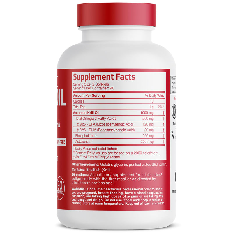 Bronson Antarctic Krill Oil 1000 mg with Omega-3s, 180 Softgels | Heavy Metal Tested, with EPA, DHA, Astaxanthin and Phospholipids, Non-GMO, Gluten Free, Soy Free 180 Count (Pack of 1)