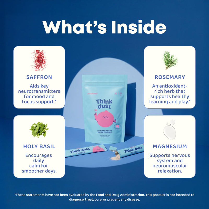 JoySpring Think Dust Kids Magnesium Sticks, Lemonade, 30 Servings | Bisglycinate form with L-theanine and saffron, supports calm and steady focus, sugar-free single-serve drink mix Safrron Stick