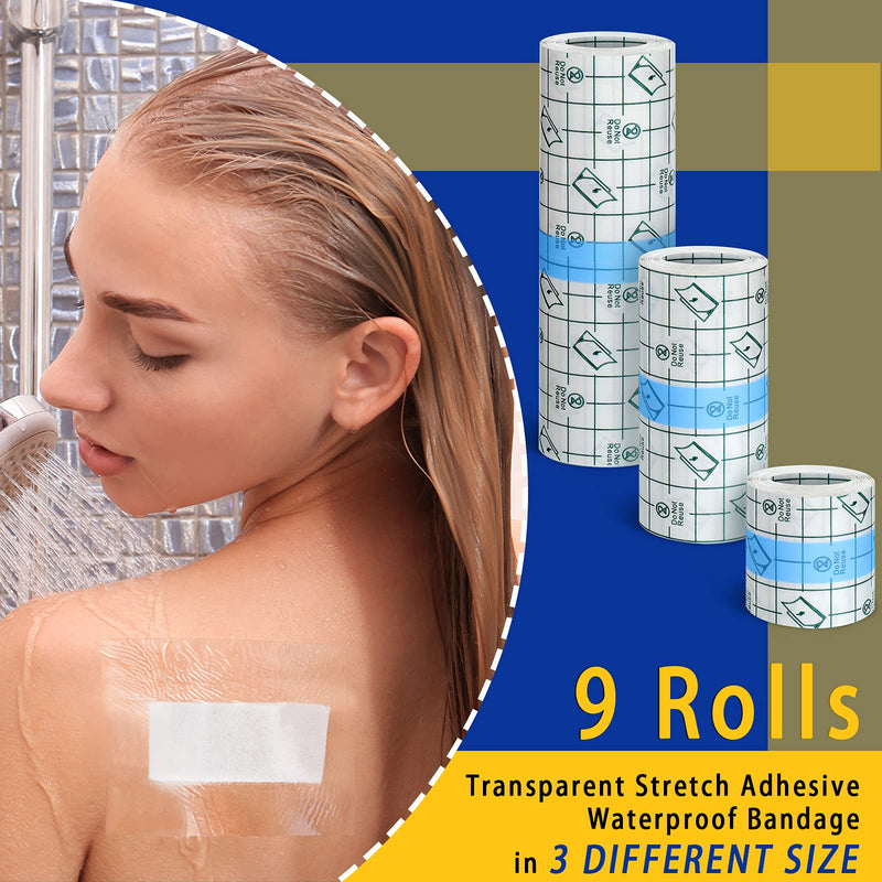 Nuanchu 9 Rolls Tattoo Aftercare Bandage Waterproof Transparent Stretch Adhesive Bandages Tape Clear Tattoo Film Wrap for Swimming, 3 Sizes(2 Inch, 4 Inch, 6 Inch Wide) 2 Inch, 4 Inch, 6 Inch Wide - BeesActive Australia
