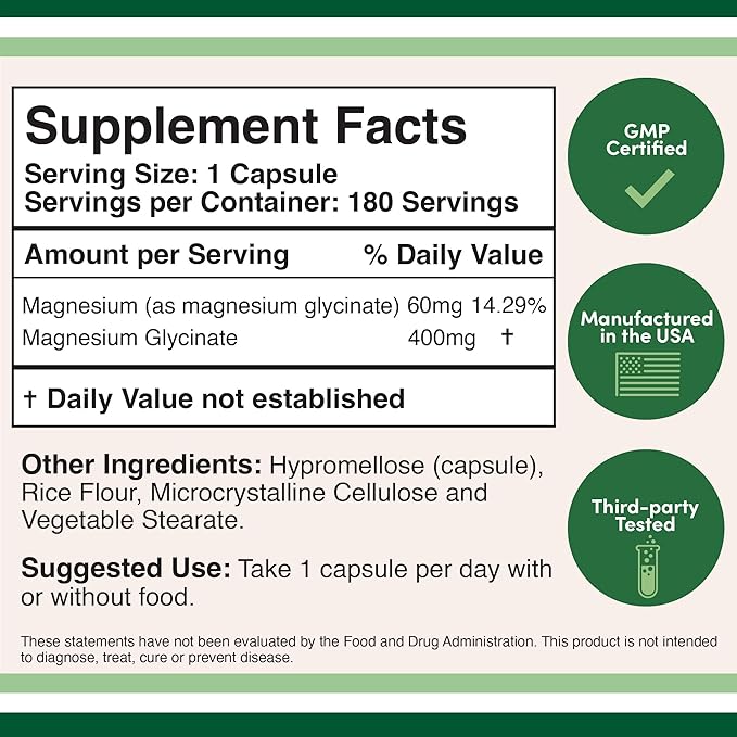 Magnesium Glycinate 400mg, 180 Capsules (Vegan Safe, Manufactured and Third Party Tested in The USA, Gluten Free, Non-GMO) High Absorption Magnesium by Double Wood Supplements - BeesActive Australia