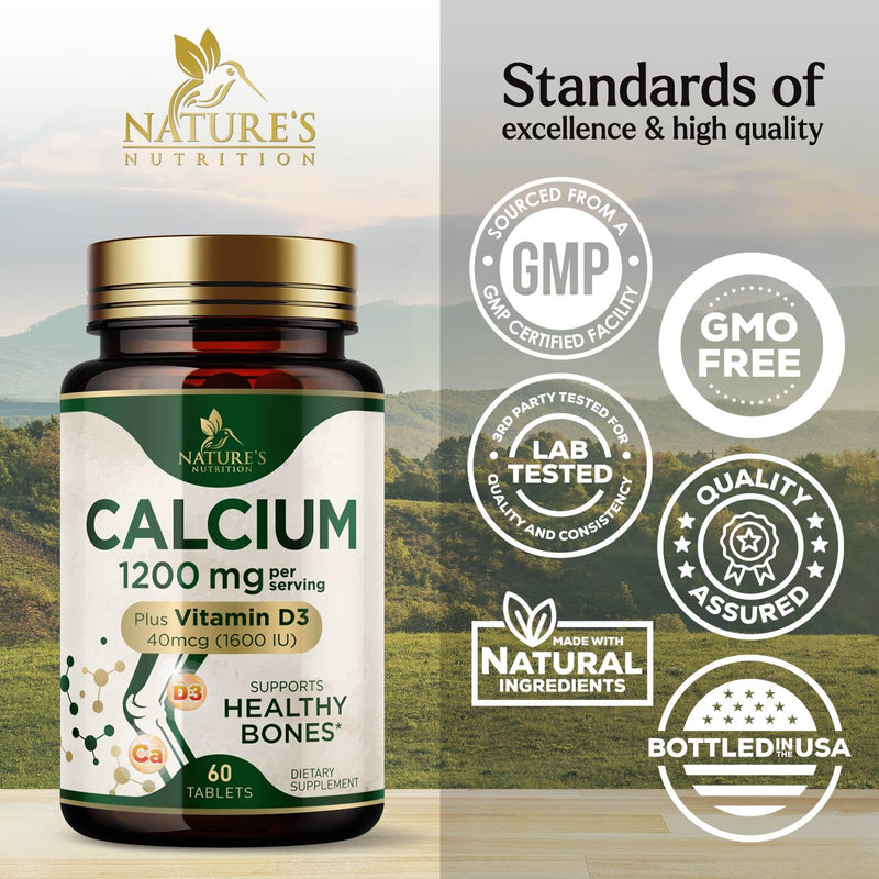Calcium 1200 mg with Vitamin D3 - Bone Health Supplement, Vitamin D & Calcium Supplements for Women & Men - Bone Strength, Teeth & Immune Support, Nature's Calcium Pills, Bottled in USA - 60 Tablets 60 Count (Pack of 1)