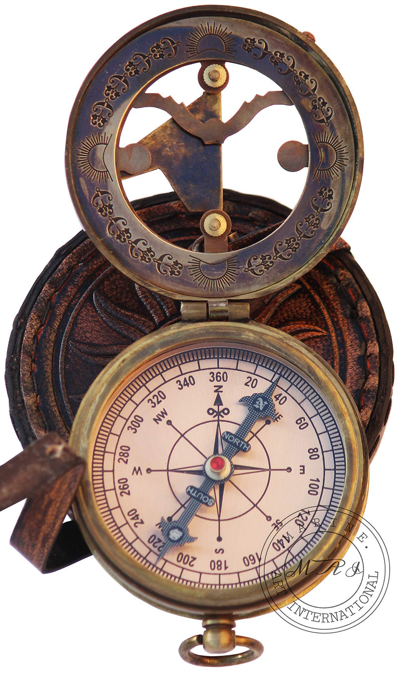 MAI Brass Sundial Compass Beautiful Gift Item with Leather Case - Sun Clock - Steampunk Accessory – Nautical Gift – Wedding Gifts for Him – Sundial Watch
