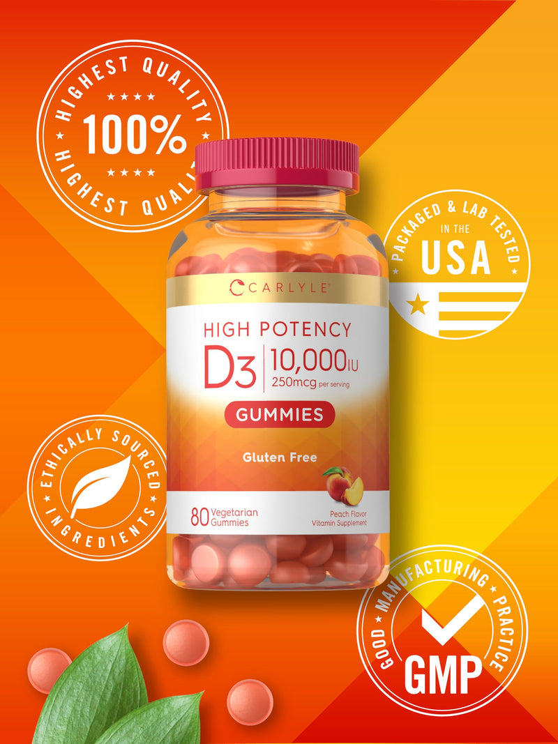 Vitamin D3 10000iu Gummies for Adults | 80 Count | Peach Flavored Gummy | High Potency For Women & Men | Vegetarian, Non-GMO, Gluten Free Supplement 80 Count (Pack of 1)