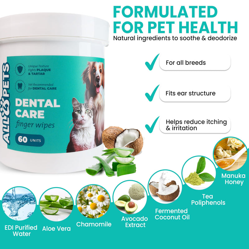 Dog Dental Wipes – 60 Count Natural Pet Dental Finger Wipes for Dogs, Cats – Odorless and Safe Dog and Cat Teeth Cleaning Wipes – Dental Wipes for Dogs Teeth Supports Dental Care, Gum Care - BeesActive Australia