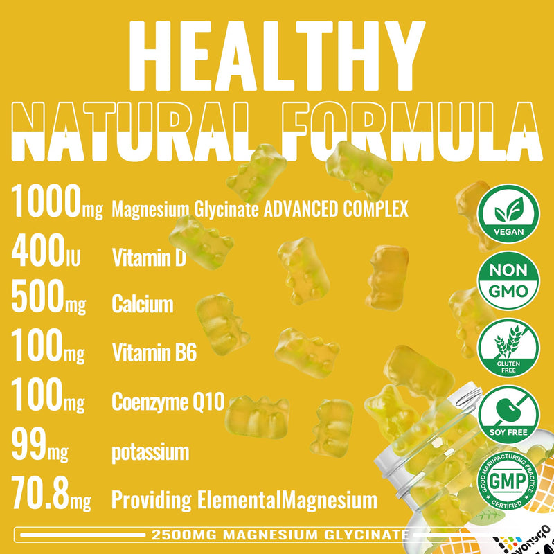 Magnesium Glycinate Gummies 2500mg - Sugar Free Magnesium Potassium Supplement with Vitamin D, B6, CoQ10 for Calm Mood & Sleep Support - 90 Pineapple Gummies 90 Count (Pack of 1)