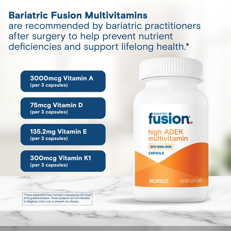 Bariatric Fusion High ADEK Multivitamin with Iron | Bariatric Multivitamin for Duodenal Switch | Easy to Swallow ADEK Vitamins Bariatric | 90 Capsules | One Month Supply