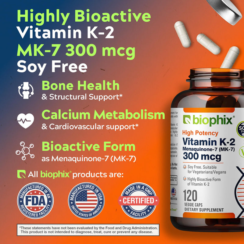 biophix Vitamin K2 MK-7 300mcg, 120 Vegan Capsules – High-Potency Supplement for Bone Strength and Immune Health 120 Count (Pack of 1)
