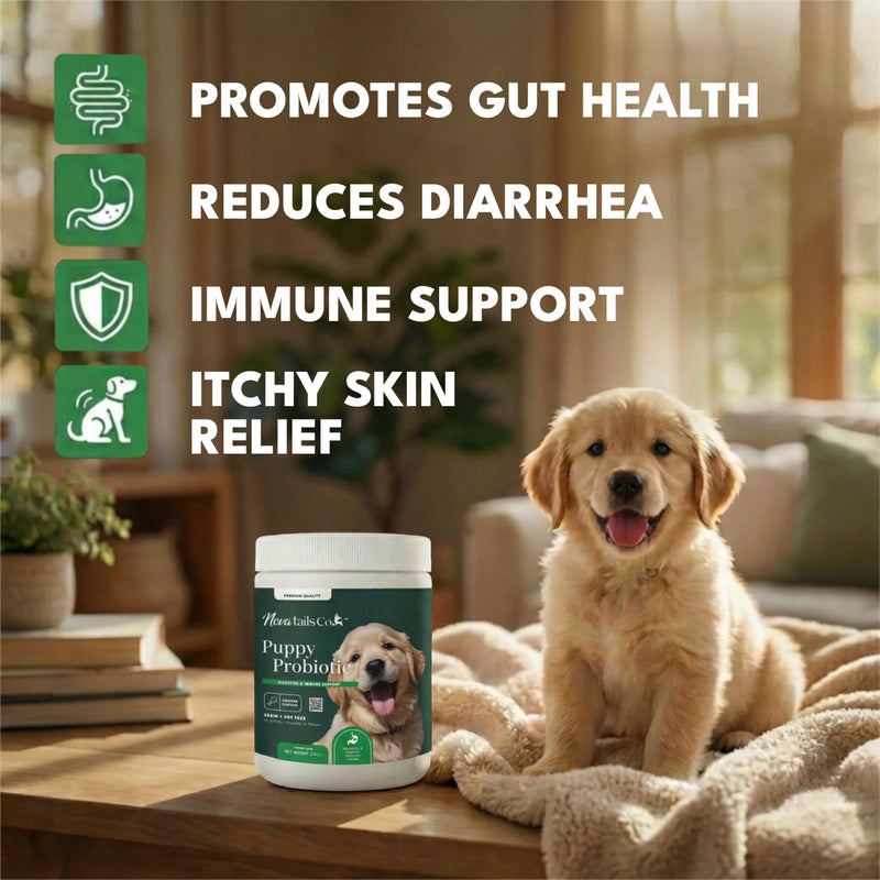 Puppy Probiotic Powder for Digestive Health & Diarrhea Relief, Gut Health Supplement with Prebiotics & Colostrum, Relieves Itchy Skin & Supports Immune System, Chicken Flavor, 14oz | NovaTails Co.