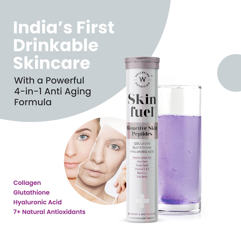 WELLBEING NUTRITION Skin Fuel with Collagen, L-Glutathione, Hyaluronic Acid, Matcha Green Tea, Aloe Vera, Grape Seed, Vitamin C, E - 30 Effervescent Tablets