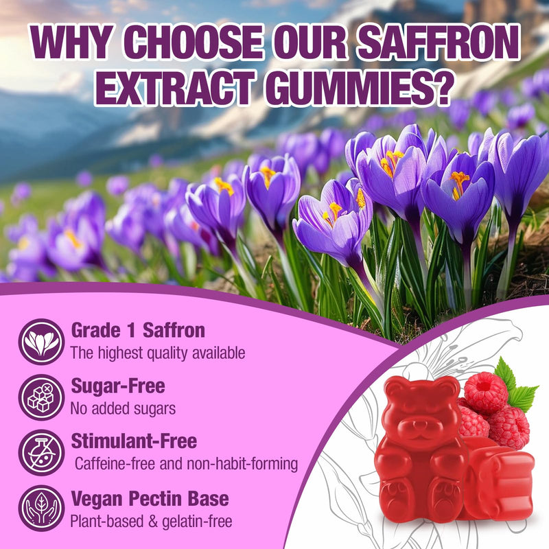 Saffron Gummies (88.5 mg) with Magnesium — Enhanced with St. John’s Wort, Rhodiola, Ashwagandha & Vitamins B6, B12, D3 for Mood & Focus Support — 60 Count 1pack