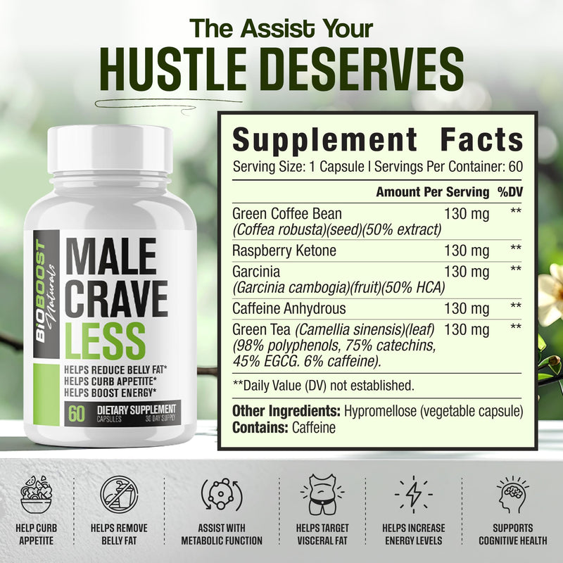 Male Crave Less - Fat Burner & Appetite Suppressant for Men to Help Shed Belly Fat, Sustain Muscle & Boost Energy | 3rd Party Tested Supplement - 60 Weight Loss Pills to Help Lose Weight - BeesActive Australia
