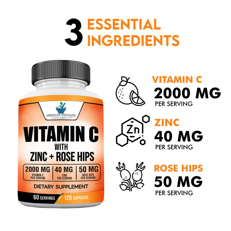 American Standard Supplements Vitamin C 2000mg, Zinc 40mg, and Rose HIPS 50mg Per Serving – Vegan, Gluten Free, Non-GMO, 120 Capsules, 60 Servings - BeesActive Australia