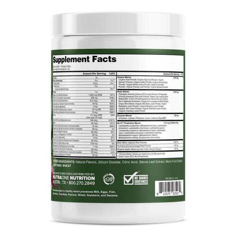 Complete Superfoods, Greens & Reds Blend*, Apple Cider Vinegar, Digestive Enzyme Blend*, Probiotic Blend*, Multivitamin* (Raspberry Pomegranate - 30 Servings)