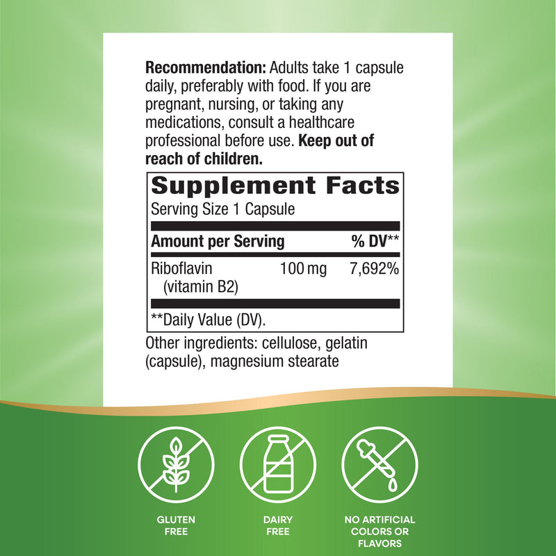 Nature's Way Riboflavin Vitamin B2, Cellular Energy Support*, 100 ct | 100 mg Riboflavin Per 1-Capsule Serving; Supports Cellular Energy Metabolism*; Made Without Gluten, Dairy, or Soy 100 Count (Pack of 1)