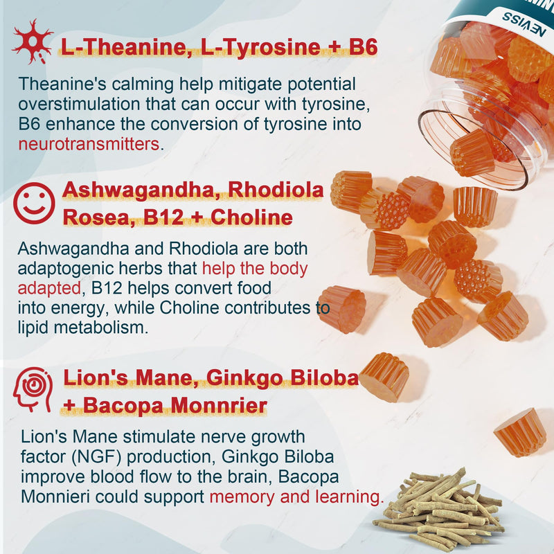 11-IN-1 Brain Supplement for Memory and Focus with L-Tyrosine L-Theanine, Methylated B12 & B6, Lion's Mane Mushroom, Ginkgo Biloba, Bacopa Monnieri, Choline for Focus, Nootropic, Energy, 2Packs 60 Count (Pack of 2)