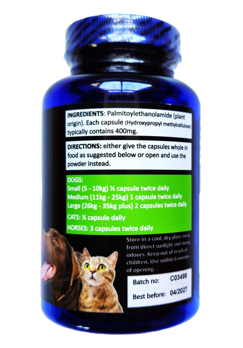 Pure & Natural Joint, Skin & Brain Support Capsules for Dogs, Cats & Horses (90 x 400mg), Optimum Potency Palmitoylethanolamide (PEA), for Itching, Allergy & Stiffness 90 x 400mg