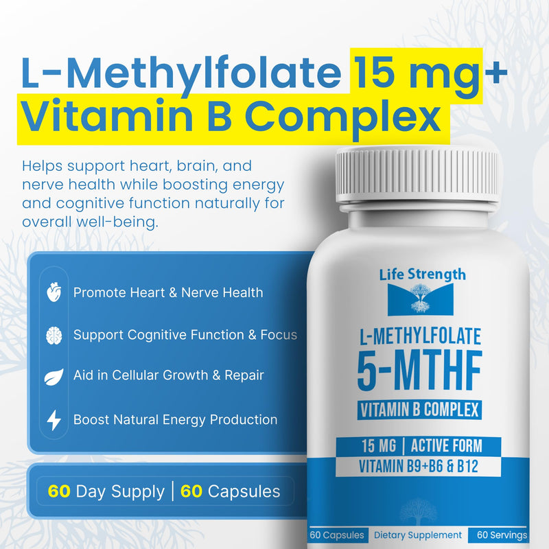 L-Methylfolate 15mg + Vitamin B Complex - 5-MTHF, B6 & B12 Methylcobalamin - 60 Capsules - Professional Strength Active Methyl Folate - Non GMO, Gluten Free, No Fillers (2-Month Supply)