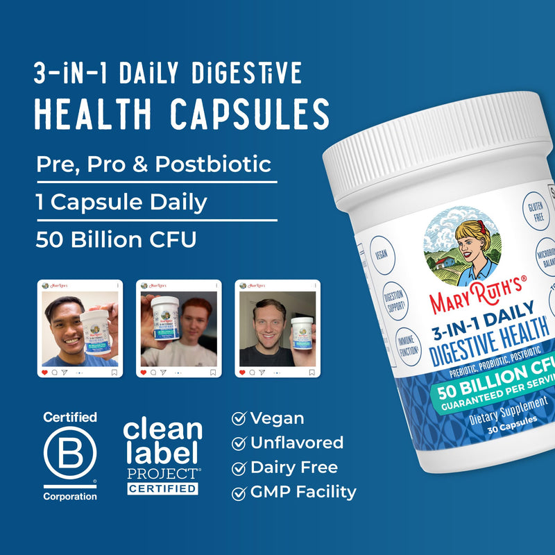 MARYRUTH'S 3-in-1 Probiotics for Digestive Health, 30 Servings | 30 Servings
