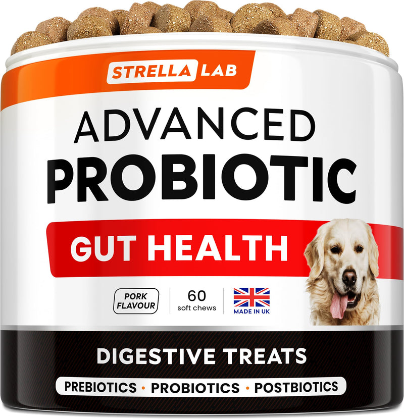 STRELLALAB Dog Probiotics for Gut Health & Digestive Enzymes Fiber Supplement - Anti Diarrhea, Constipation, Upset Stomach, Gas Relief - Digestion Treats Chews - 60 Chews Pork