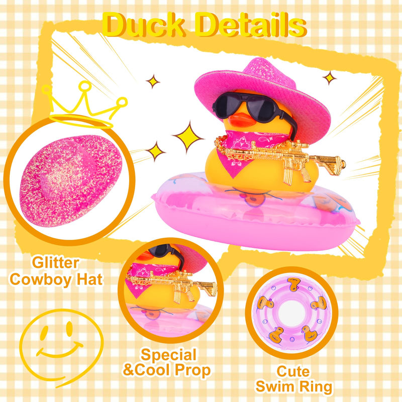 Rubber Duck for Car Dashboard, Cowboy Duck Car Dashboard Decoration Car Duck Ornament Accessories with Mini Swim Ring Glitter Cowboy Hat Scarf Necklace and Sunglasses(B-G9)