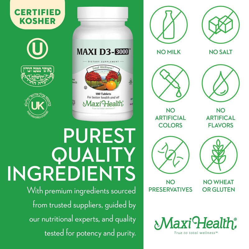 Maxi Health Vitamin D3 3000 IU 75 mcg Vitamin D Supplement for Healthy Bones, Teeth, Immune Support - VIT D3 Supplement Easy to Swallow Non-GMO, Supplement for Men and Women – Kosher (180 Tablets) | Kosher | Vitamin D Immune Support Supplement | Calciu...