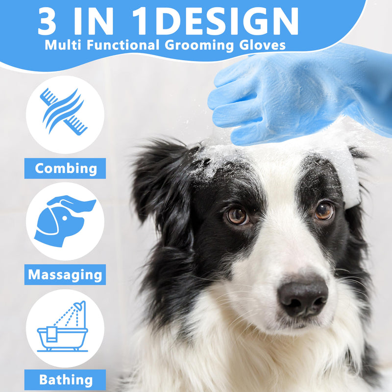 Pet Grooming Gloves—Heat Resistant Dog Washing Gloves with High-Density Teeth, Dog Bath Scrubber with Enhanced Five Finger Design, Silicone Gloves for Dogs and Cats Bathing, Massage (Blue) one size Blue - BeesActive Australia
