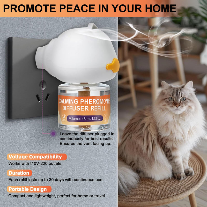 Cat Calming Pheromone Diffuser Kit - 4 Refills (48ml Each) + 1 Plug-in Diffuser | Anti-Stress Anxiety Relief for Cats | Reduces Spraying, Scratching & Aggression S orange