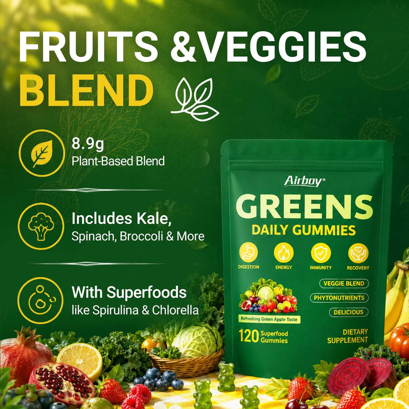 Greens Daily Gummies, Super Greens Multivitamin Gummy for Women and Men | Superfood Gummies with Spirulina, Chlorella, Adaptogens,Fruits, Vegetables, Support Digestion Gut Health - 20 Servings