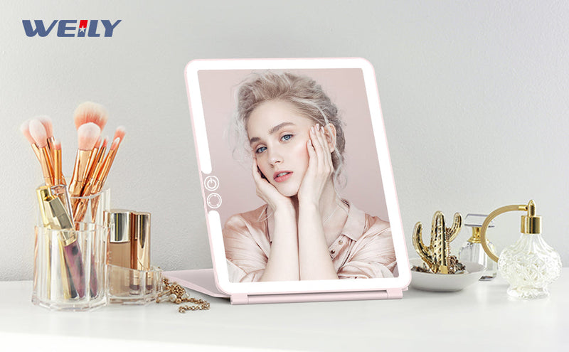 WEILY Portable Travel Mirror ，Foldable Makeup Mirror with 72 LED Lights Pink