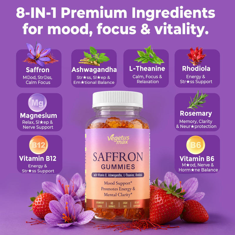 Saffron Supplements Gummies for Adults Kids, 88.5mg Saffron Extract, 2 Pack | Saffron Extract with Magnesium, Ashwagandha, L-Theanine, Rhodiola, Rosemary, B6, B12 for Happy Mood, Calm, Focus, Cognition Strawberry 60 Count (Pack of 2)