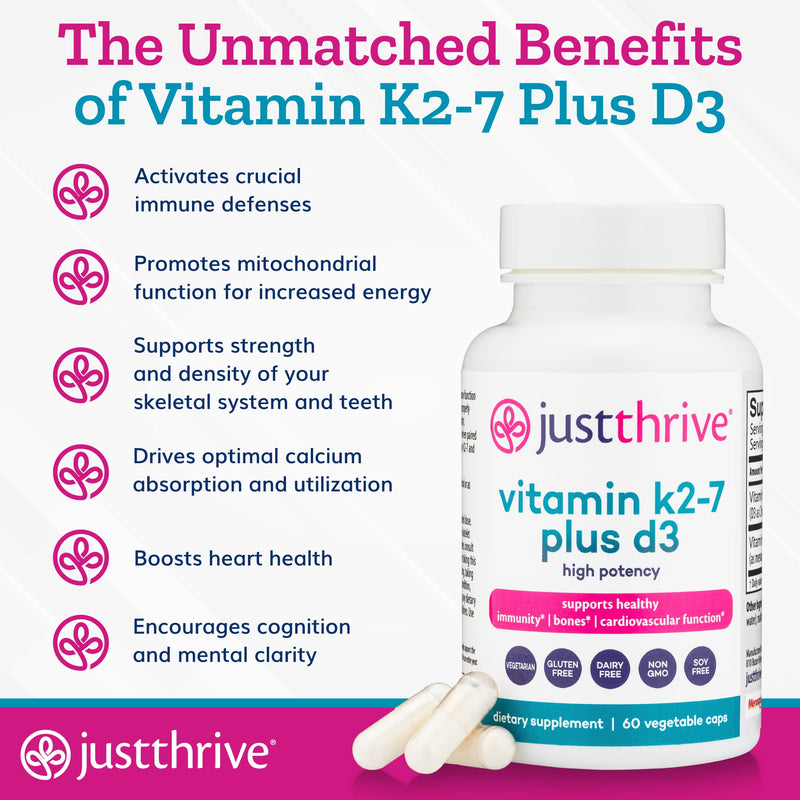 Just Thrive Vitamin K2-7 Plus D3 Supplement for Immune, Heart & Bone Health | 60 vegetable capsules, Vitamin K2-7 plus D3, Supports immune health, cardiovascular wellness, strong bones and daily vitality