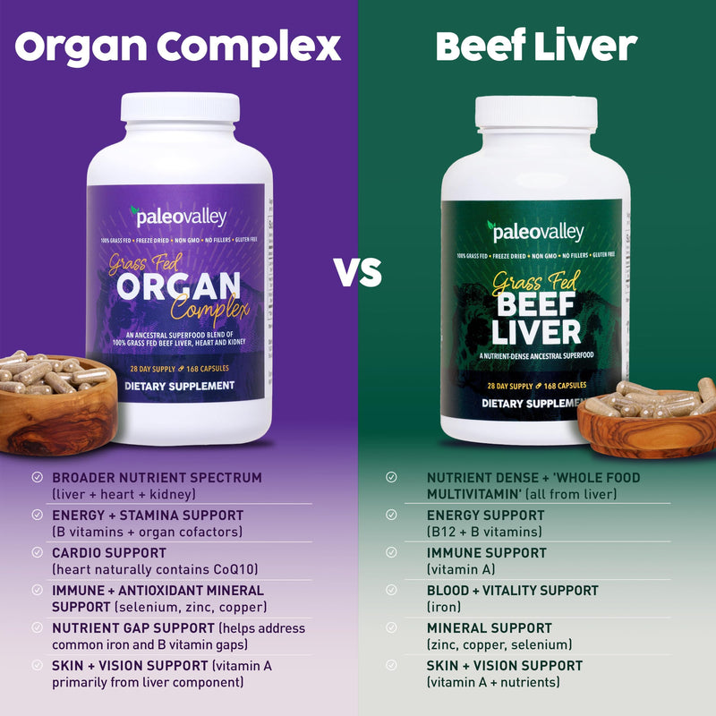 Paleovalley 100% Grass Fed Organ Complex, Beef Liver, Heart and Kidney | Whole Food Multivitamin, Vitamin B12 Supplement, Nutrient Dense Superfood, Freeze Dried, Pasture Raised, Ancestral Nutrition Beef Organ