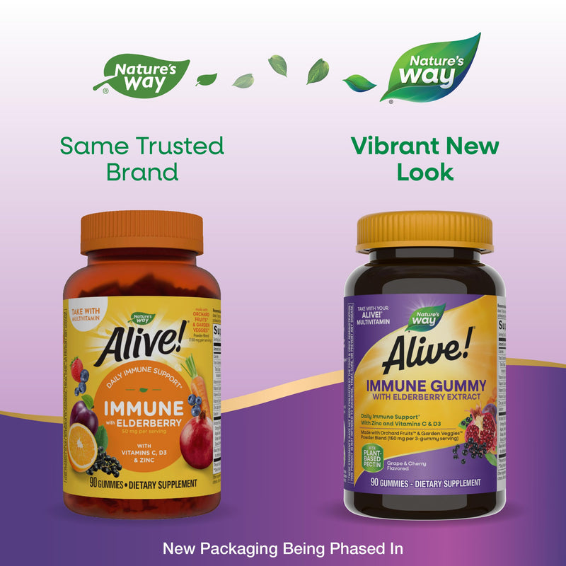 Nature's Way Alive! Immune Support* Gummies with Elderberry Extract, 90 ct | Vitamins C & D3, Zinc, Gluten-Free, Grape & Cherry Flavored, Daily Immune Support*, Vegetarian Gummies