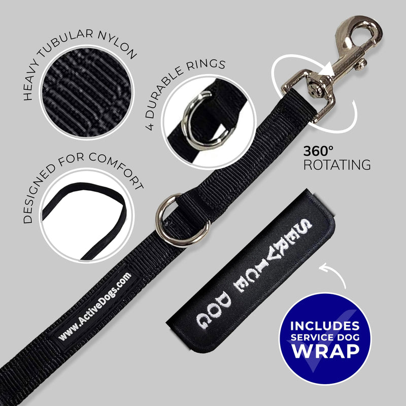 ActiveDogs Hands Free Dog Leash Crossbody 6.5ft - Adjustable 4-Point Hands Free Leash with Service Dog Wrap for Increased Mobility & Training - Strong 3/4" Nylon & Double Stitched, Black 6.5' - BeesActive Australia