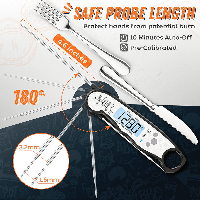 Digital Meat Thermometer, Waterproof Instant Read Food Thermometer for Cooking and Grilling, Kitchen Gadgets, Accessories with Backlight & Calibration for Candy, BBQ Grill, Liquids, Beef, Turkey… Black - Sliver - BeesActive Australia