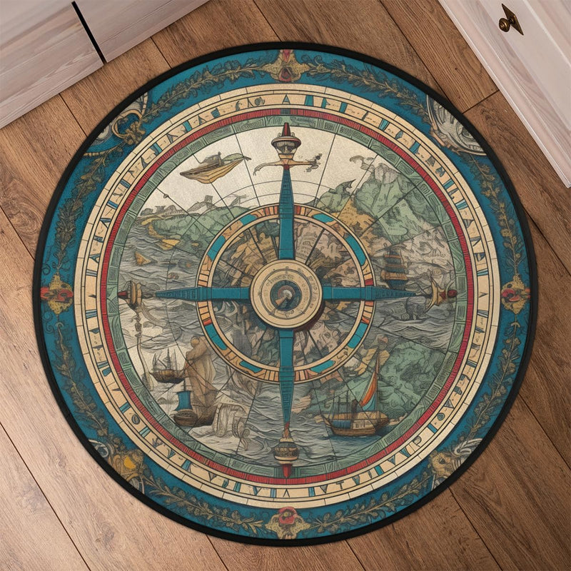 Round Area Rug 3 ft - Vintage Compass Washable Circle Rugs Non Slip Round Floor Mat - Soft Large Carpet for Living Room Nursery Bedroom Kitchen 3' (Round) - BeesActive Australia