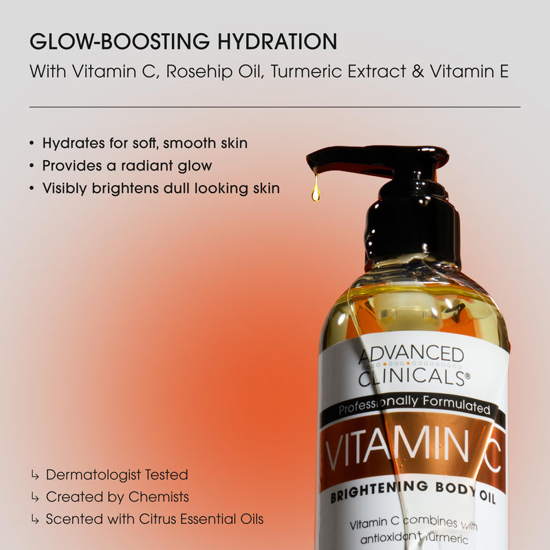 Advanced Clinicals Vitamin C Brightening Body Oil For Women & Men | Vitamin C Glow Oil Skin Care Body Moisturizer With Vitamin E + Botanicals To Help Improve Look Of Dark Spots + Dry Skin, 12 Fl Oz 12 Fl Oz (Pack of 1)