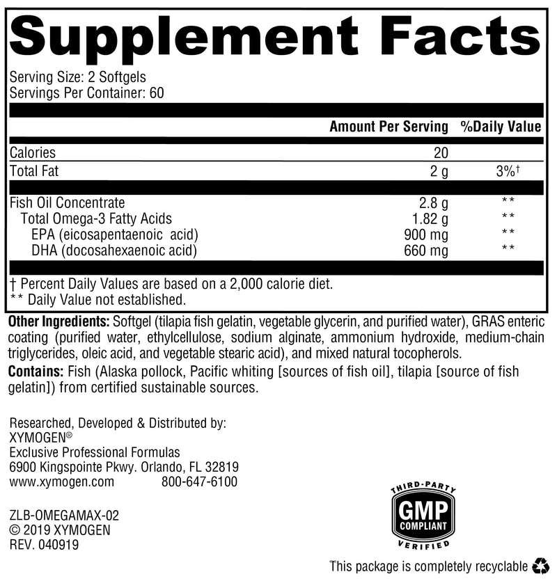XYMOGEN OmegaPure 780 EC - Cardiovascular & Brain Support - IFOS Five-Star Certified Fish Oil - DHA EPA Omega-3 Supplement - Enteric Coated Softgels - 120 Softgel Tablets | Cardiovascular and Brain Support, IFOS Five-Star Certified Fish Oil, DHA EPA Om...