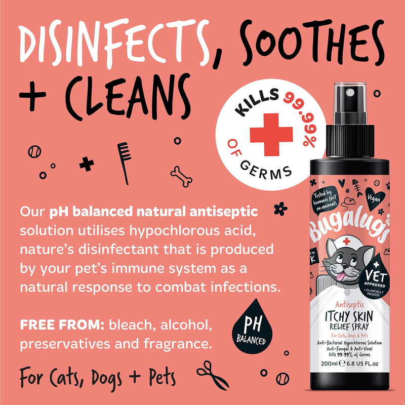 BUGALUGS Cat itchy skin relief Antiseptic spray 200ml, for kitten, cats & small animals - cat anti scratch cat spray is Antibacterial, Antifungal & Antiviral use for cat acne